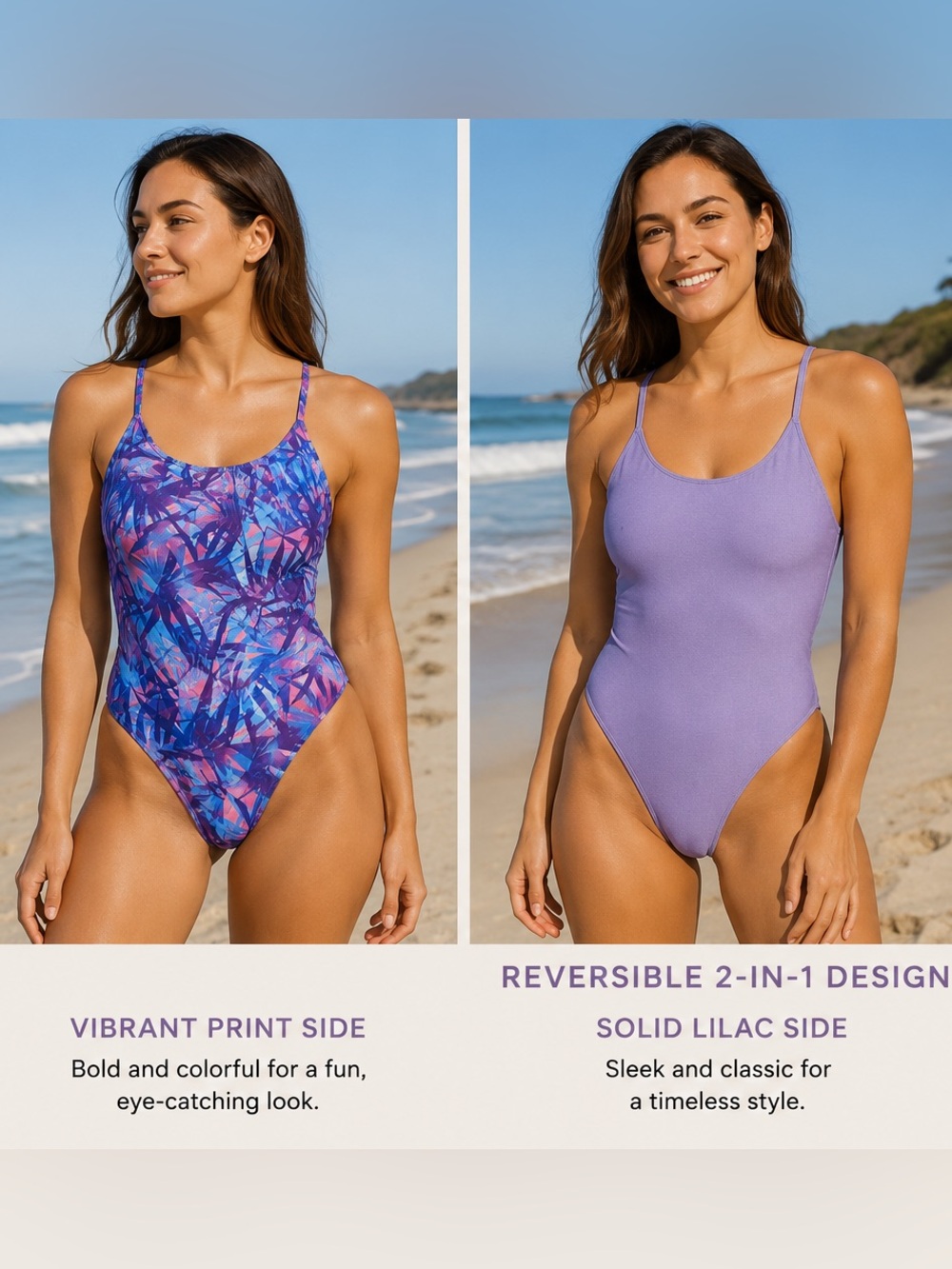 Reversible Lilac One-Piece Swimsuit with Vibrant Print